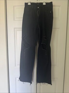 SHEIN Black High-Rise Straight Jeans with Distressed Detail
